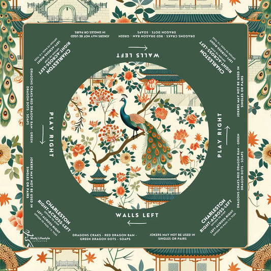 Elegant Jade Peacock Chinoiserie Mahjong Mat