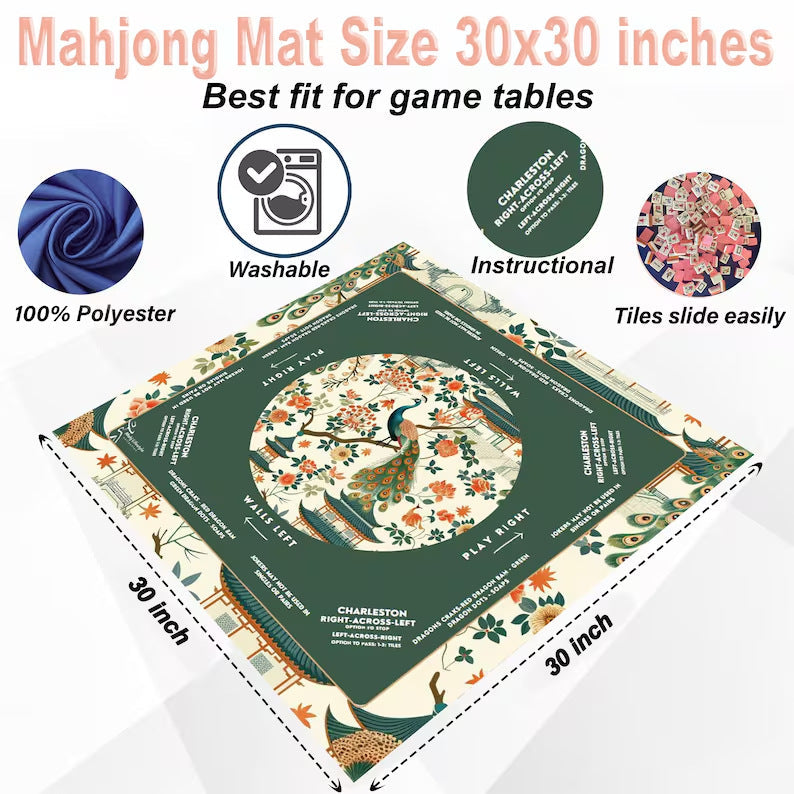 Elegant Jade Peacock Chinoiserie Mahjong Mat